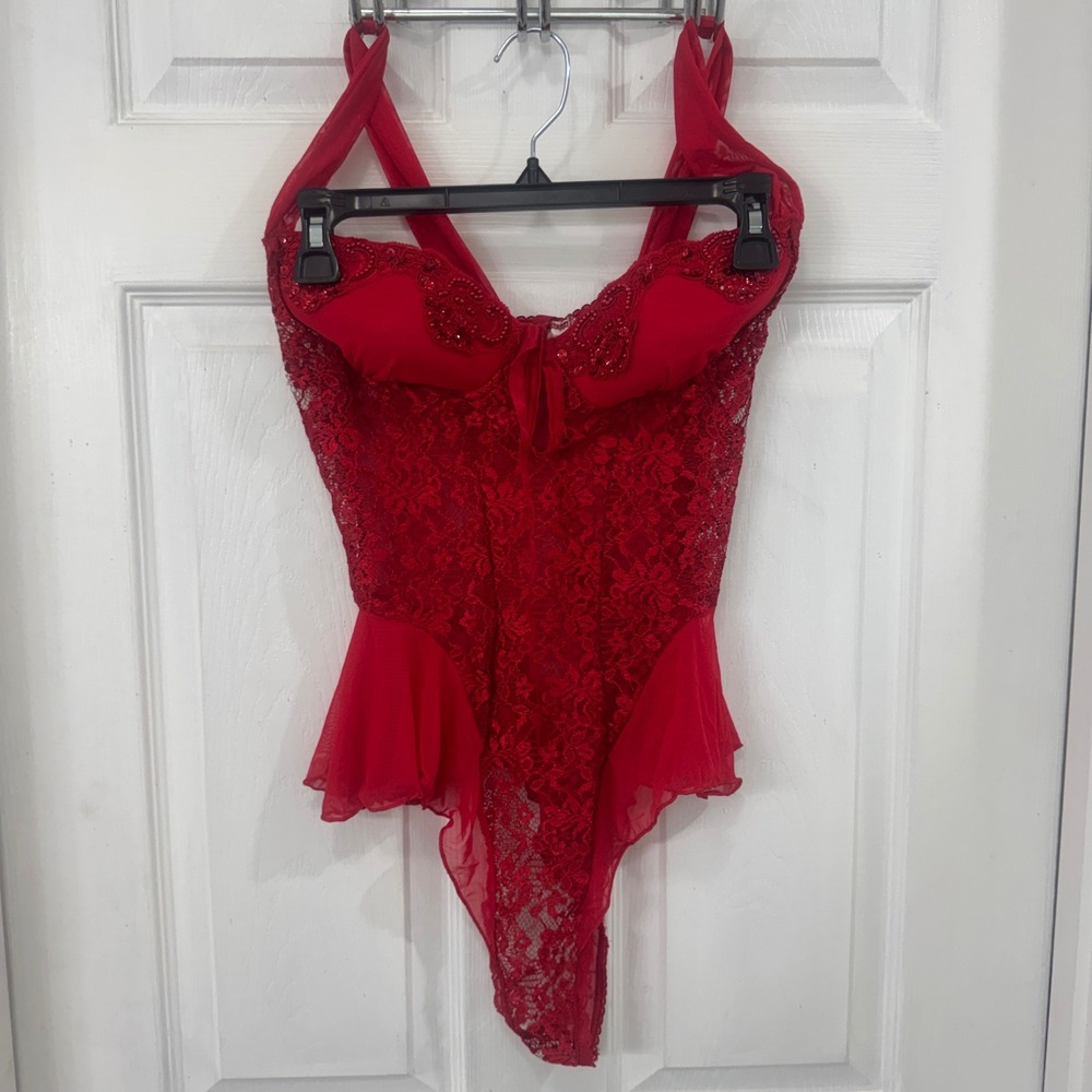 Vintage 90s Fredericks of Hollywood Red Lace Beaded Mesh Bodysuit L 5974